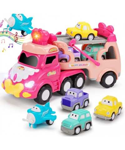 5 in 1 Transport Toy Trucks for Toddlers 1-3 with Lights Music Pink Princess Car Toys for 1 2 3 4 Year Old Girls Carrier Truc...