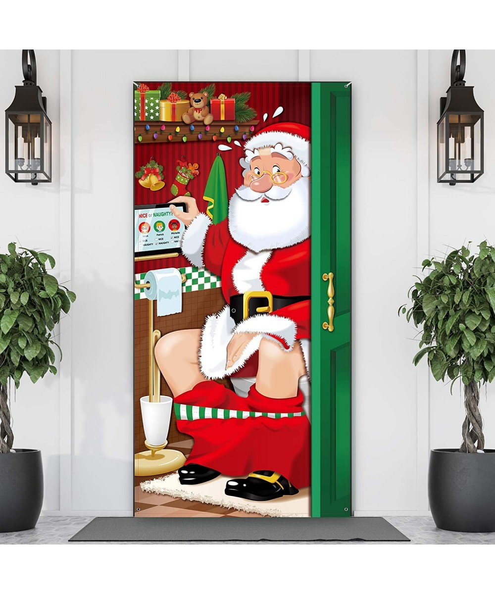 Christmas Party Decorations Funny Christmas Santa Restroom Door Cover Fabric Santa Restroom Backdrop Background Banner for Ch...