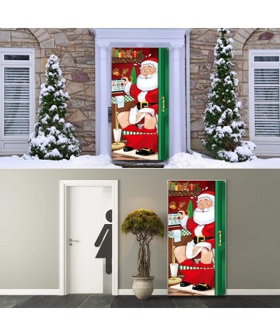 Christmas Party Decorations Funny Christmas Santa Restroom Door Cover Fabric Santa Restroom Backdrop Background Banner for Ch...