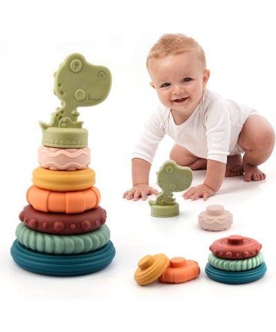 7Pcs Dinosaur Baby Stacking Toys Nesting Circle Toy Soft Building Rings Stacker & Teethers Squeeze Play with Early Educationa...