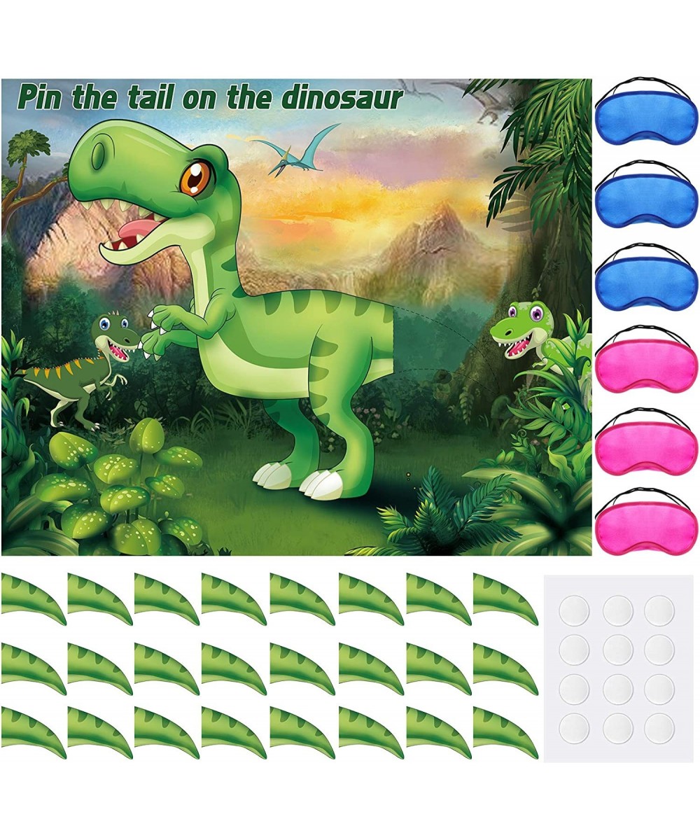 Pin The Tail on The Dinosaur Game with 24 Pieces Dinosaur Tail Stickers Horns and 6 Pieces Colorful Blindfolds for Dinosaur B...