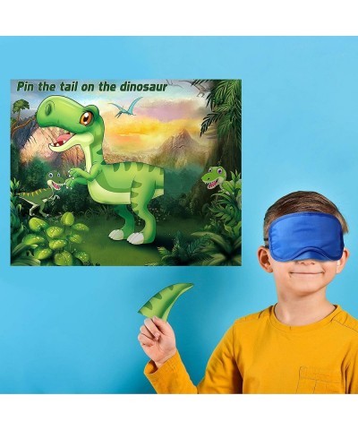 Pin The Tail on The Dinosaur Game with 24 Pieces Dinosaur Tail Stickers Horns and 6 Pieces Colorful Blindfolds for Dinosaur B...