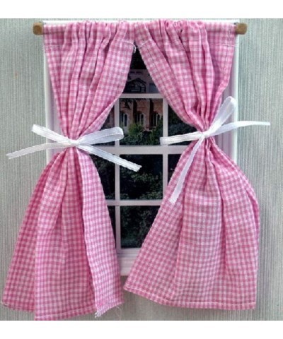 Dollhouse Pink Gingham Curtains on Rail Tied Back Miniature 1:12 Accessory $18.16 Dollhouse Accessories