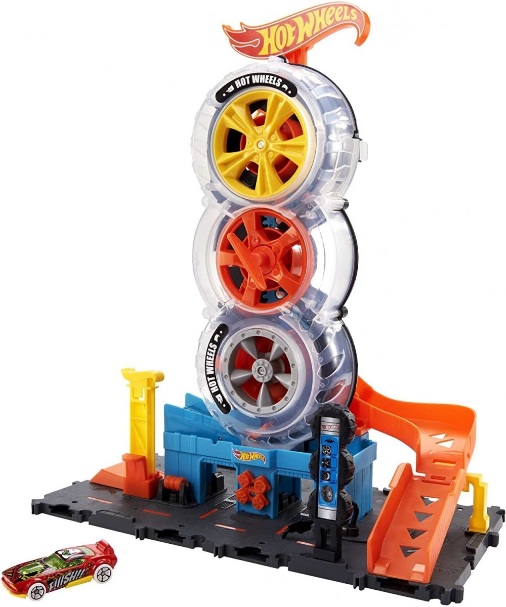 City Super Twist Tire Shop Playset Spin The Key to Make Cars Travel Through The Tires Includes 1 Car Gift for Kids 4 to 8 Yea...