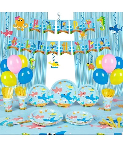 149pcs Shark Party Supplies Serves 16 Hanging Swirls Blue Fringe Curtains Tablecloth Included for Shark Birthday Decorations ...