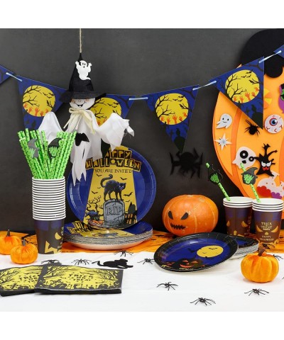 127PCS Halloween Party Supplies Set for 25 People Including Banner Tablecloth Plates Cups Napkins Straws Disposable Dinnerwar...