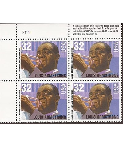 LOUIS B. ARMSTRONG ~ JAZZ ~ BLACK HERITAGE 2982 Plate Block of 4 x 32 cents US Postage Stamps $14.56 Collectible Postage Stamps