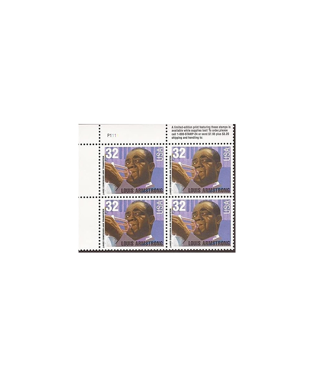 LOUIS B. ARMSTRONG ~ JAZZ ~ BLACK HERITAGE 2982 Plate Block of 4 x 32 cents US Postage Stamps $14.56 Collectible Postage Stamps