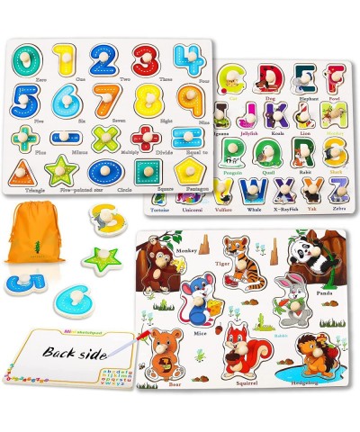 Toddler Puzzles for 1 2 3 4 Years Old 3 Pack Dual Purpose Baby Puzzles Wooden Puzzles Set - Math Letters and Animals Kids Pre...