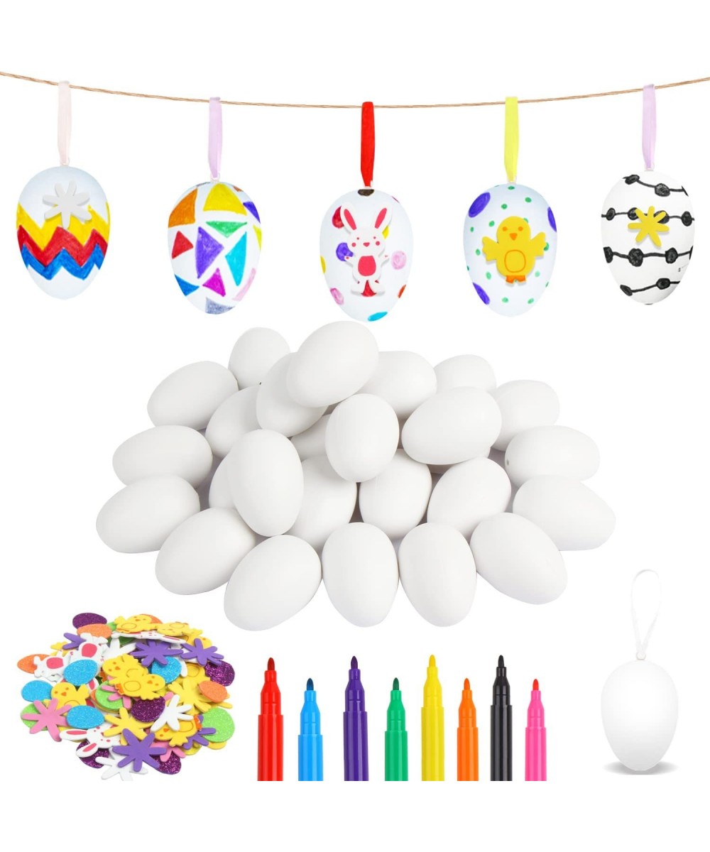 Easter White Plastic Eggs Kit 30pcs Paintable Fake Hanging Egg Ornament with 80pcs Bunny Chick Foam Sticker Pens for Kids Cra...