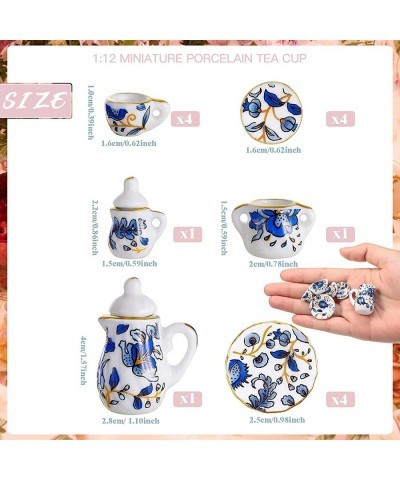 2 Set 1:12 Dollhouse Miniature Porcelain Tea Cup 30 Pieces Mini Flowers Pattern with Golden Trim Teapot Cup Plate Dollhouse K...