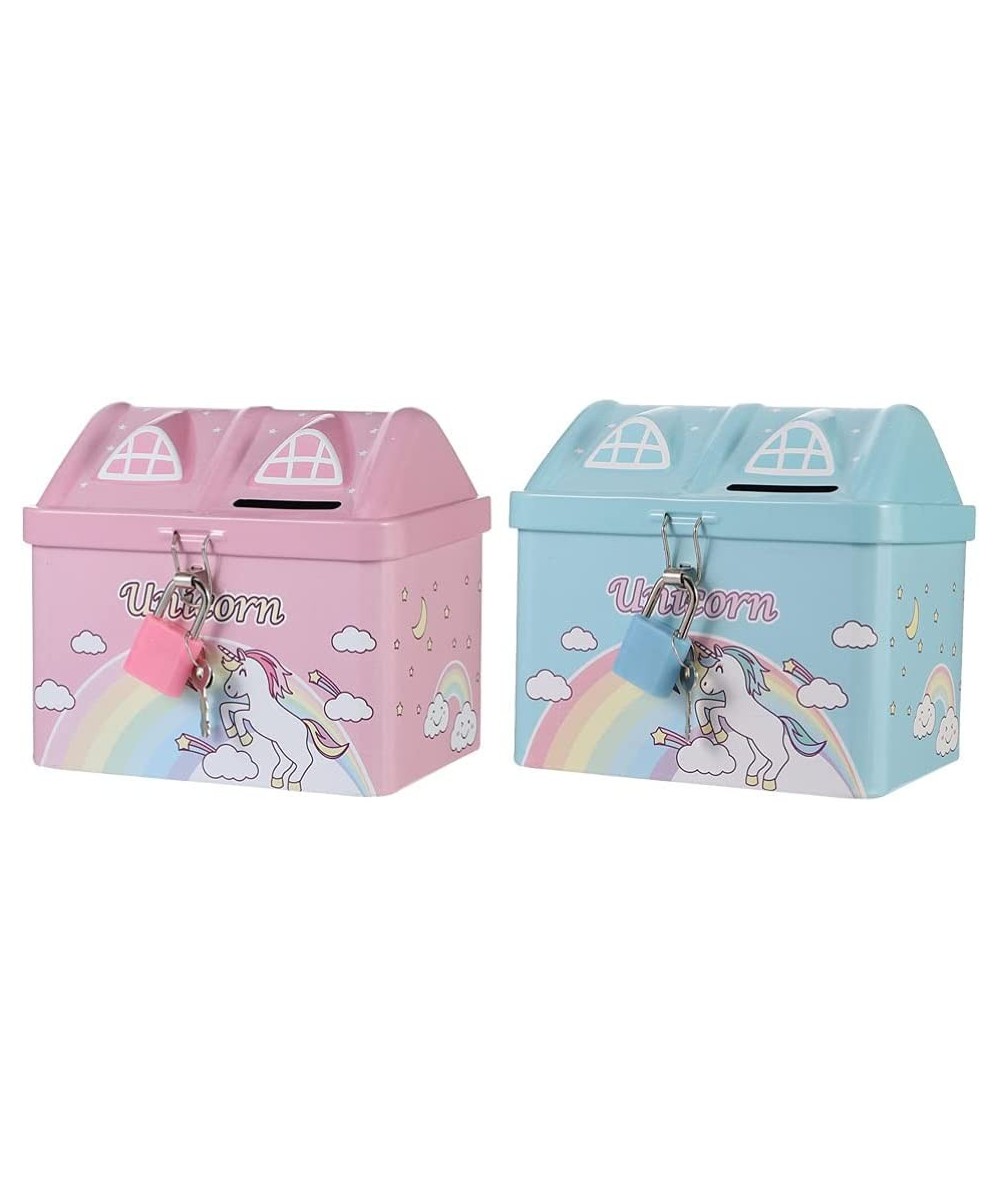 2pcs Unicorn Piggy Bank Rainbow House Shape Iron Coin Bank Money Saving Pot Box with Padlock for Birthday Gift Kids Home Deco...