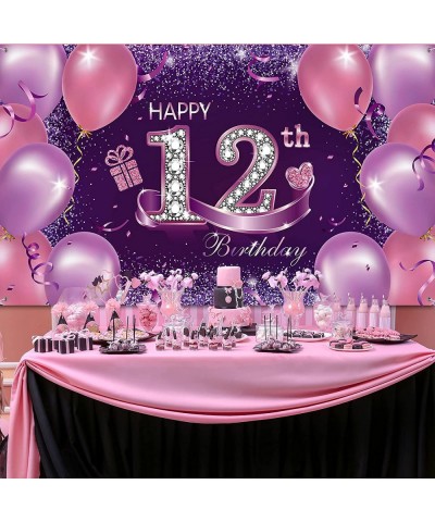 Happy Birthday Party Decorations Large Fabric Happy 12th Anniversary Birthday Sign Banner Pink Purple Photo Booth Backdrop Ba...