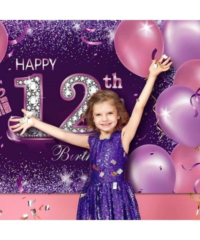 Happy Birthday Party Decorations Large Fabric Happy 12th Anniversary Birthday Sign Banner Pink Purple Photo Booth Backdrop Ba...