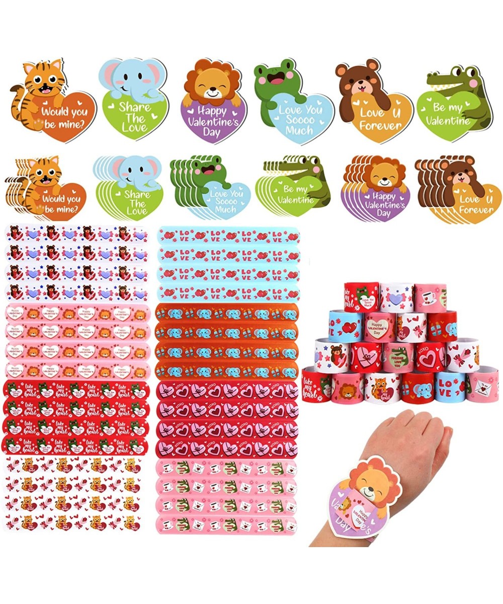 Valentine's Day Slap Bracelet Set 32pcs Animal Heart Snap Bracelet Wristband and 36pcs Gift Cards for Kids School Classroom G...