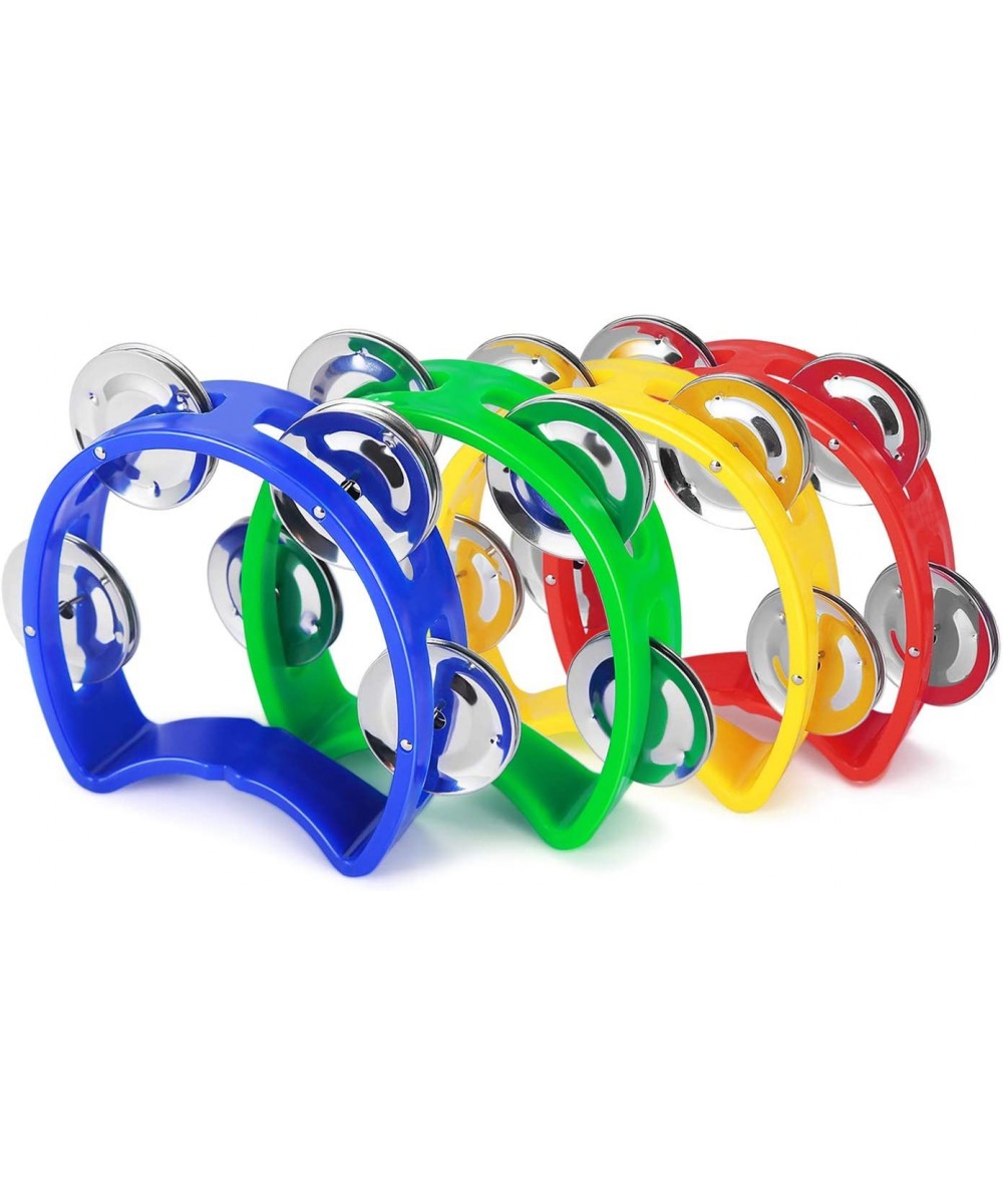 Half Moon Musical Tambourine Set of 4 Red Yellow Blue Green Double Row Metal Jingles Hand Held Percussion Drum with Ergonomic...