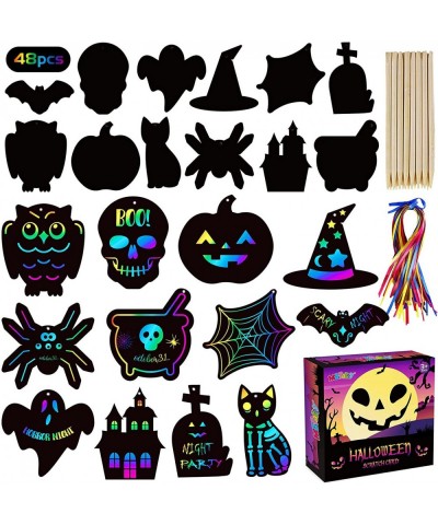 Scratch Paper Craft for Kids - 48 Pcs Halloween Magic Rainbow Scratch Paper Off Cards Set for Kids Crafts Arts Supplies Hallo...