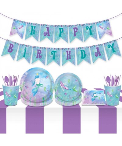 Mermaid Birthday Banner Party Supplies Serves 8–Mermaid Dinner Plates Dessert Plates Mermaid Banner Cups and Napkins(61PCS) $...