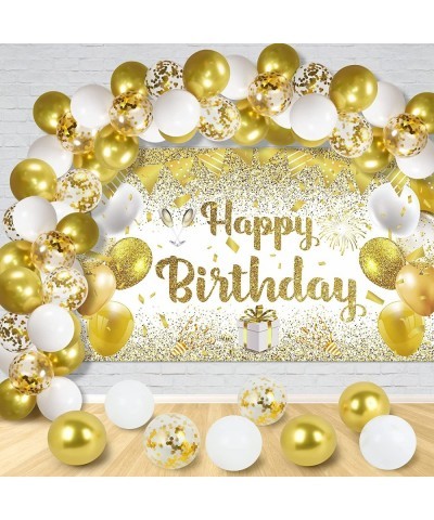 41Pcs Gold White Birthday Party Decorations Gold and White Happy Birthday Backdrop Banner and 40Pcs Gold White Confetti Ballo...