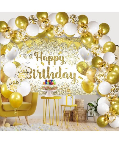 41Pcs Gold White Birthday Party Decorations Gold and White Happy Birthday Backdrop Banner and 40Pcs Gold White Confetti Ballo...