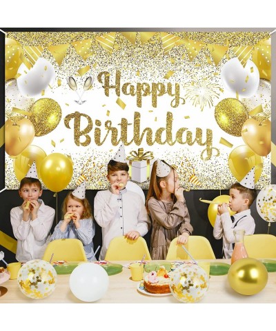 41Pcs Gold White Birthday Party Decorations Gold and White Happy Birthday Backdrop Banner and 40Pcs Gold White Confetti Ballo...