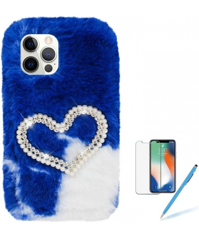 Plush Case for iPhone 12 Mini 5.4 Inch Cute Bling Pearl Diamond Double Love Heart Winter Warm Fluffy Handmade Fur Shell for G...