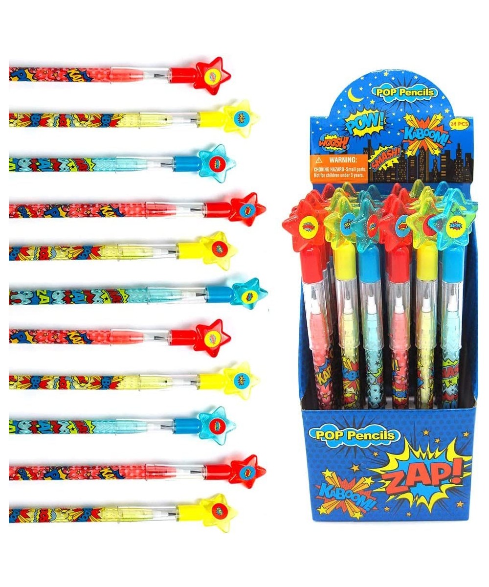 24 Pcs Superhero Text Multi Point Stackable Push Pencil Assortment with Eraser for Superhero Birthday Party Favor Prize Carni...