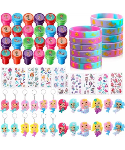 120 Pieces Mermaid Party Favor Set Mermaid Party Goodie Bag Fillers Mermaid Silicone Bracelet Stamper Keychain Rings Temporar...