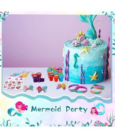 120 Pieces Mermaid Party Favor Set Mermaid Party Goodie Bag Fillers Mermaid Silicone Bracelet Stamper Keychain Rings Temporar...