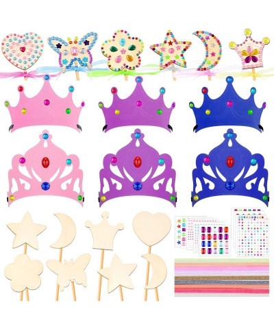 55 Piece Princess Wands Kit Include Wooden Wands for Crafts Gem Stickers Ribbons Foam Princess Tiaras and Wooden Crowns DIY H...