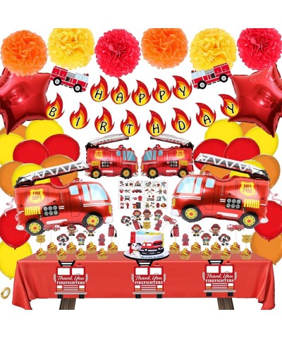 62PCS Premium Fire Truck Theme Birthday Party Supplies Fireman Happy Birthday Banner Firefighter Cake Topper Balloon Sticker ...