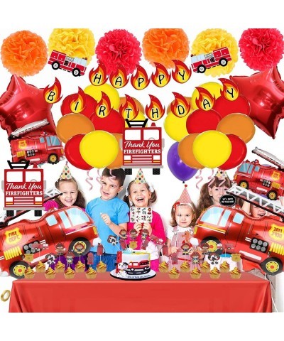 62PCS Premium Fire Truck Theme Birthday Party Supplies Fireman Happy Birthday Banner Firefighter Cake Topper Balloon Sticker ...