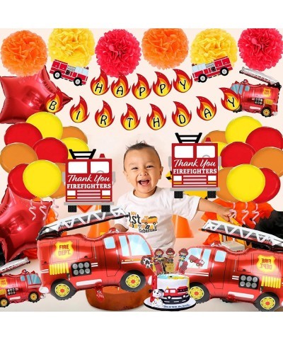 62PCS Premium Fire Truck Theme Birthday Party Supplies Fireman Happy Birthday Banner Firefighter Cake Topper Balloon Sticker ...