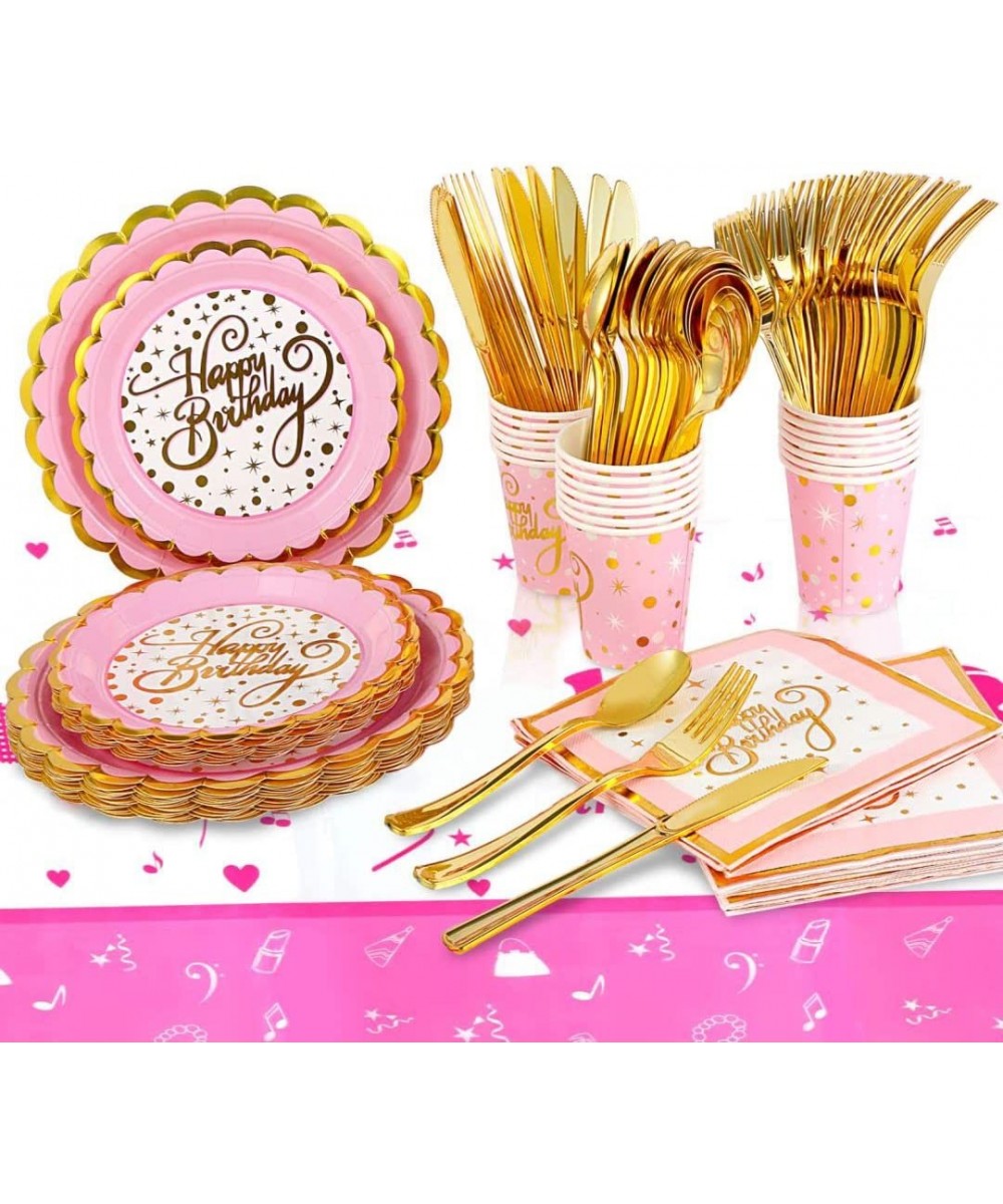 Pink and Gold Disposable Party Dinnerware Set 20 Guest -141PCS with Paper Plates Napkins 9oz Cups Plastic Silverware( Forks K...