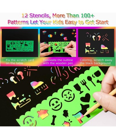 Rainbow Scratch Paper Art Set 59 PCS Black Drawing Paper Off Art Crafts Kits Includes 50 Pcs Scratch Paper 5 Stylus 4 Stencil...