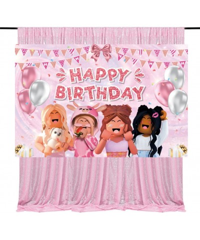 Girl Game Party Birthday Banner Sandbox Game Party Supplies Decorations Pink Girl Robot Blocks Backdrop (6FTx4FT) $27.28 Kids...