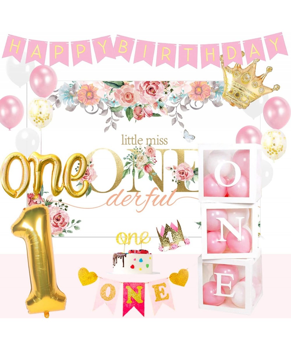 GERPARPY First Birthday Decorations Girl - Baby First One Year Old Girl Party Supplies Include Backdrop Crown Banner High Cha...