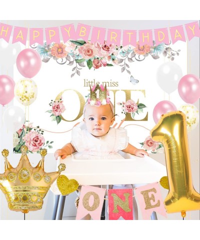 GERPARPY First Birthday Decorations Girl - Baby First One Year Old Girl Party Supplies Include Backdrop Crown Banner High Cha...