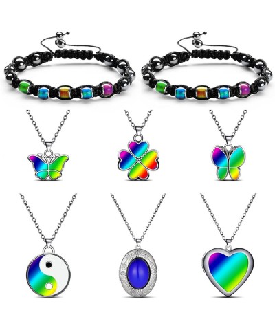 6 Pcs Mood Pendant Chain Necklace with 2 Pcs Adjustable Mood Bracelet Mood Necklaces Color Changing Mood Jewelry Thermochromi...