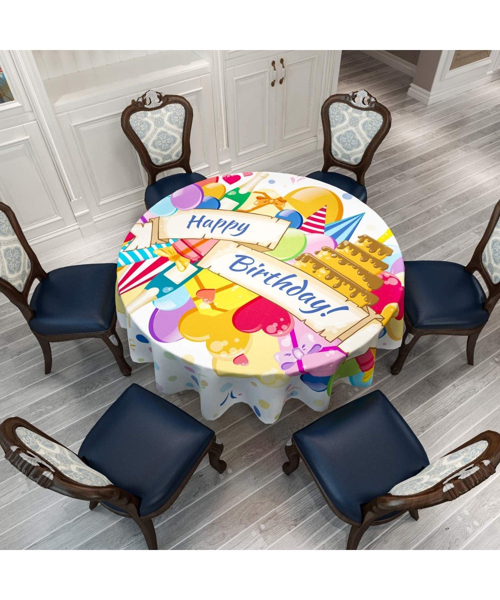 Round Tablecloth - Happy Birthday Banner with Birthday Cake Champagne Gifts Balloons Hearts and Confetti - Round Table Cover ...