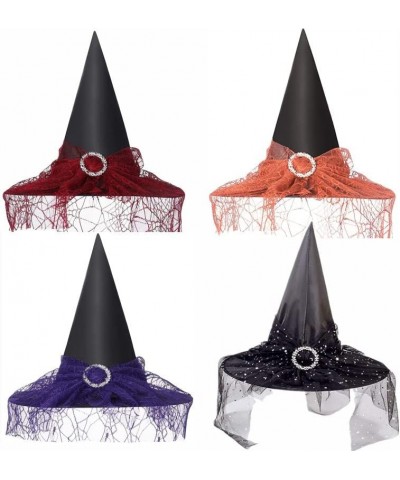 4 pcs Halloween Witch Hat Halloween Vintage Witch Hat See-Through Lace Veils Printed Hats Party Supplies Halloween Costume Ac...