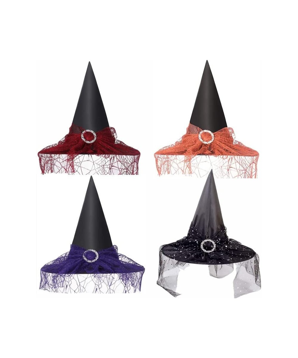 4 pcs Halloween Witch Hat Halloween Vintage Witch Hat See-Through Lace Veils Printed Hats Party Supplies Halloween Costume Ac...