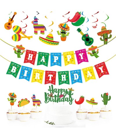 Mexican Theme Birthday Party Decorations Set Fiesta Party Supplies Pre-Strung Happy Birthday Banner Cupcake Cake Toppers Cact...