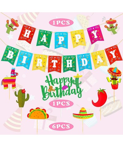 Mexican Theme Birthday Party Decorations Set Fiesta Party Supplies Pre-Strung Happy Birthday Banner Cupcake Cake Toppers Cact...