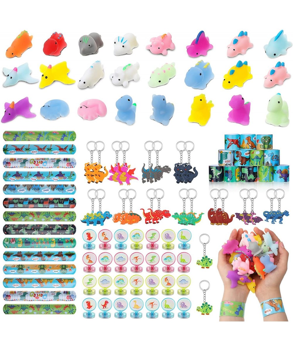 100 Pcs Dino Party Favors Set Dinosaur Mochi Slap Bracelet Keychain Stamp for Christmas Gift Birthday Supplies Classroom Priz...