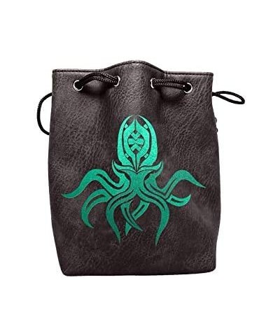 Black Leather Lite Large Dice Bag with Cthulhu Design - Black Faux Leather Exterior with Lined Interior - Stands Up on its Ow...