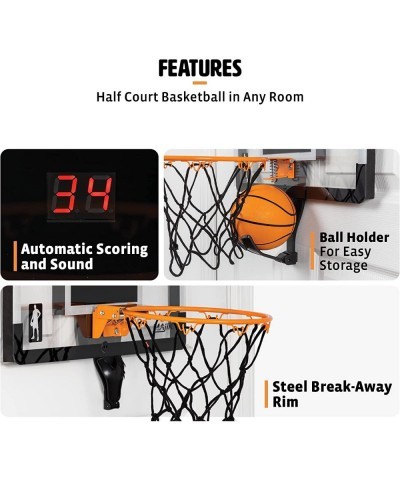 Buzzer Beater Over The Door Hanging Mini Basketball Hoop for Indoor Play - Automatic LED Scoring Pro-Style Backboard Breakawa...