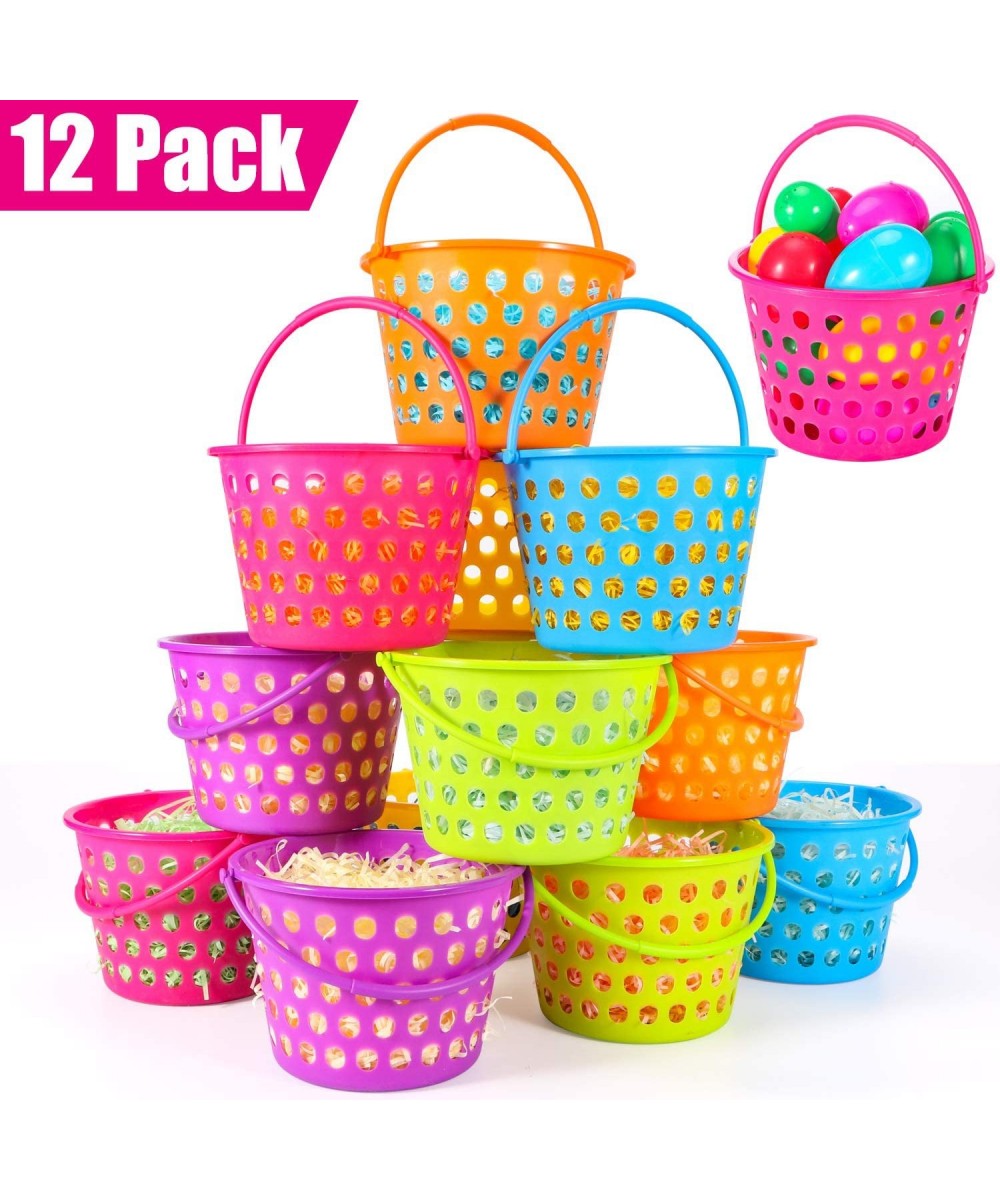 12 Pack Easter Baskets for Kids 8.6" Plastic Easter Bags with Handles Easter Bucket Bags Filled with Grass Perfect Theme Part...