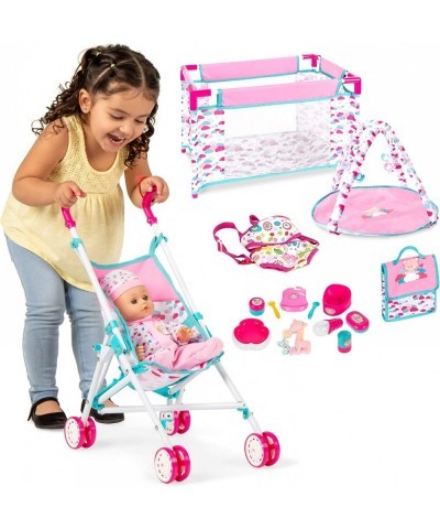 Kids 15-Piece 13.5in Newborn Baby Doll Nursery Role Play Playset w/ Stroller Travel Cot Play Mat Travel Bag Carrier Seat Acce...