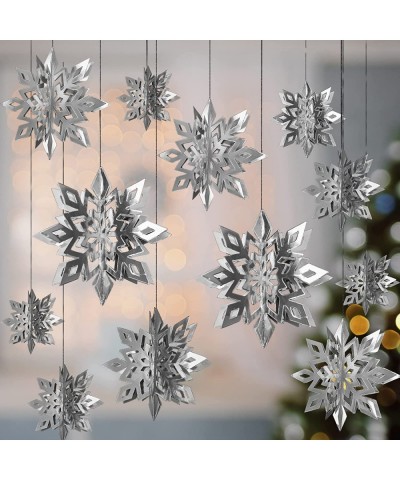 3D Christmas Ornaments Hanging Snowflake Decorations-12pcs Silver Snowflakes Garland with String Glitter Xmas Trees Decor for...